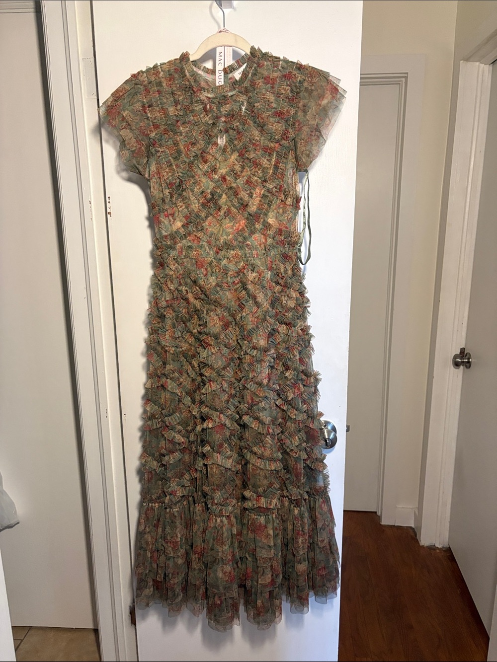 Mac Duggal Olive Green Floral Ruffle Maxi Dress